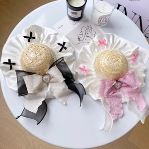 Elegant Lolita Pet Straw Hat Large Ribbon Bow Artificial Pearl Heart Pendant Sunshade Accessory For Dogs Cats Summer Dress Up