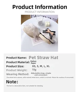 Detail view of woven straw pet hat with white lace trim and black gingham bow accent