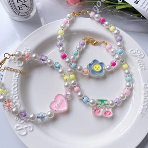 Adjustable Pet Beaded Artificial Pearl Necklace With Cute Floral Duck Cherry Heart Charms For Small Dogs And Cats Decorative Collar