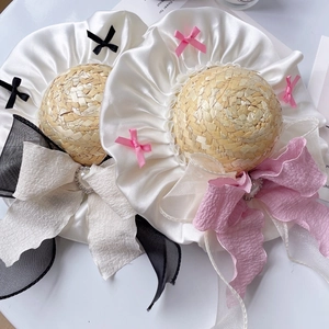 Lolita style straw hat for pets featuring satin ruffles, lace bows and pearl hearts