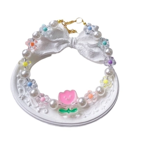 Adjustable pet necklace with white pearls, colorful acrylic flowers, and tulip pendant