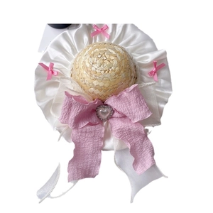 Lolita straw hat for pets with pink bows, lace trim, and pearl heart decoration