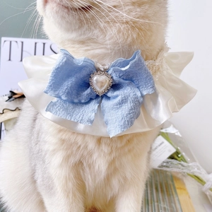 Lace pet collar with blue bow and heart pearl for cats and small dogs accessories