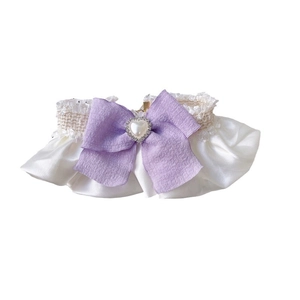 Elegant cream pet collar with satin ruffles, purple bow and heart pearl charm