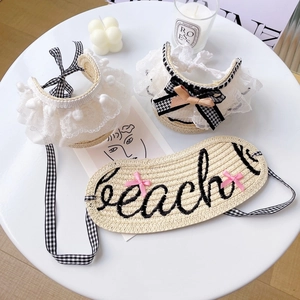 Handwoven pet straw hat set with lace trim, gingham bows and beach theme accessories