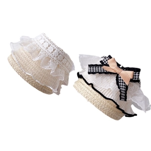 Straw pet sun hat with elegant lace trim and retro houndstooth bow for dogs and cats