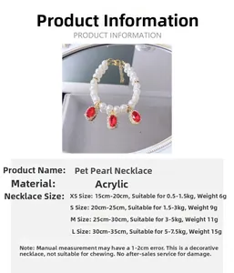 Size chart for pet pearl necklace with red acrylic gems and adjustable gold chain length