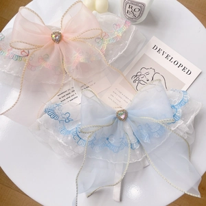 Lace embroidery pet collar with heart rhinestone charm in pink and blue colors