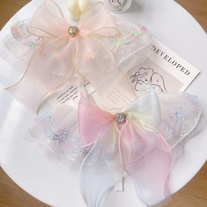 Lace embroidery pet collar set with pink organza bow and colorful heart rhinestone