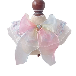 Fairy lace pet collar with a large rainbow gradient organza bow and heart gemstone