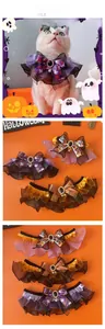Detail view of Halloween pet lace collars with bowknots and spooky prints for small cats