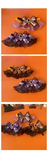 Detailed view of layered lace Halloween pet collar with pumpkin and ghost pattern bows