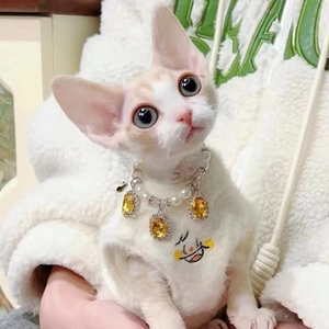 Sparkling pet pearl necklace with yellow gemstone pendants worn by a white cat