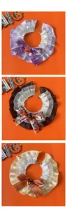 Halloween pet lace collar with double-layer satin ruffles and pumpkin bow detail