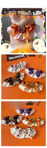 Close-up detail of Halloween pet collars with pumpkin charms and lace bowknot designs