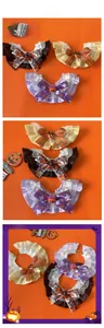 Detail of Halloween pet lace collars with pumpkin bows in purple, black, and orange