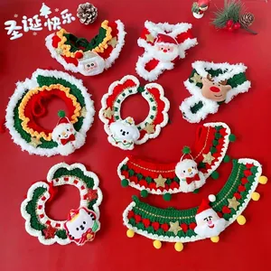 Christmas Pet Knitted Collar Hand Woven Santa Snowman Reindeer Pattern Dog Cat Bib Scarf Festive Holiday Party Accessories