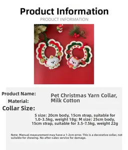 Size chart for handmade crochet Christmas pet collar with snowman and dog designs