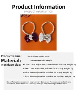 Size chart for Halloween pearl pet collar with ghost pendant and sequin bow details