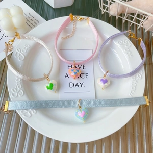 Pet Heart Collar Adjustable Satin Ribbon Choker With Hand Painted Heart Rhinestone Pendant For Small Dogs Cats Puppy Kitten