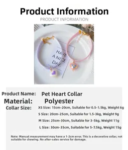 Size chart for adjustable pet heart collar with length and weight guide for cats and dogs