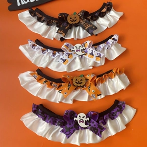 Set of 4 Halloween pet collars with satin ruffles, pumpkin and ghost decorations