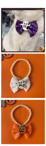 Detailed view of Halloween pet pearl collars featuring ghost and pumpkin sequin bows