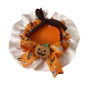 Halloween pumpkin pet collar with orange ribbon, bat prints and glittery charm