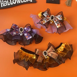 Halloween lace pet collars with pumpkin ghost prints and pearl bow decorations