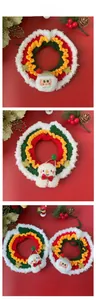 Detail view of handmade Christmas pet collars with knitted Santa and snowman ornaments