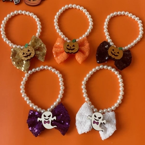 Halloween Pet Necklace Faux Artificial Pearl Bowknot Collar With Cartoon Pumpkin Ghost Charm For Cat Dog Holiday Party Decoration