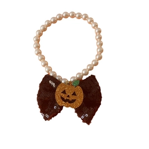Halloween pet pearl necklace with sequin bow and pumpkin charm for cats and dogs