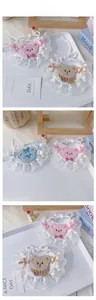 Detail of handmade pet bib with crochet lace and cute 3D plush bear charms in various colors