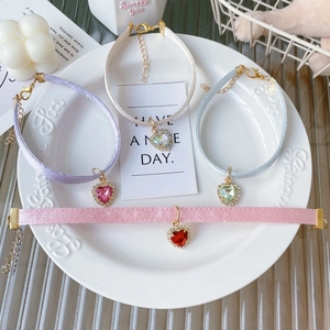 Sparkling pet heart pendant collar with silk ribbon and crystal rhinestones in four colors