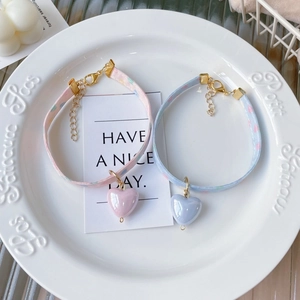 Sweet floral pet collar set with heart pendants in pastel pink and blue for small dogs