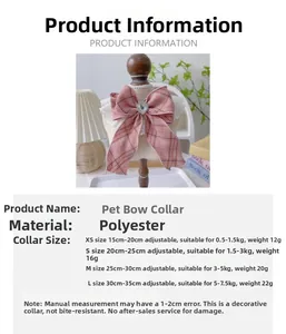 Size chart for pink plaid lace pet collar with bow and heart rhinestone detail