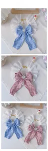 Close-up of lace pet collar with plaid bow and heart charm detail in pink and blue
