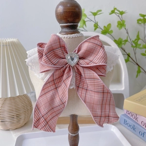 Pet Plaid Bowknot Lace Collar Sweet Princess Style Adjustable Cat Dog Jewelry Neckband With Heart Rhinestone Pet Bib