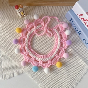 Handmade Knitted Pet Collar Colorful Pom Poms Decorative Pet Bib For Small Dogs Cats Soft Cotton Crochet Neck Strap