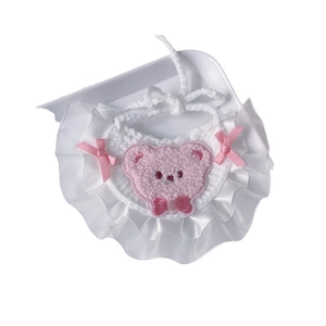 Cute white crochet pet bib with pink bear embroidery and lace trim for cats and dogs