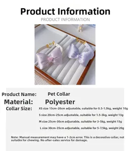 Size guide for adjustable polyester pet bow tie collar with rhinestones in various sizes