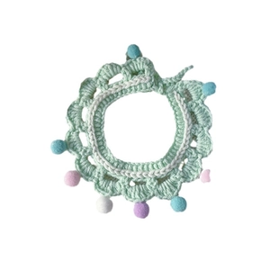 Handmade crochet pet collar in light green with colorful pom-poms for cats and dogs