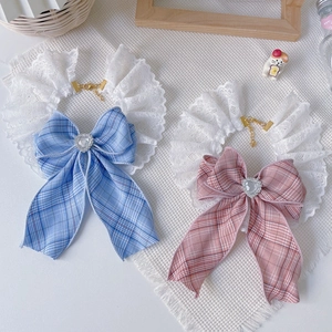 Lace plaid pet collar with bow and heart rhinestone for cats and small dogs