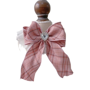 Pink plaid lace pet collar with heart crystal bow for cats and dogs in academy style