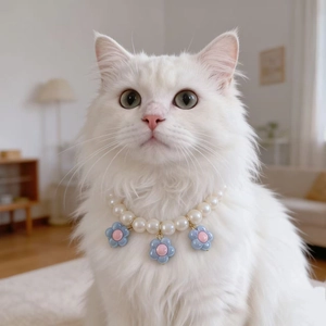 Cute Flower Pendant Pet Artificial Pearl Necklace For Dogs Cats Princess Style Beaded Collar For Birthday Party Decoration Accessory