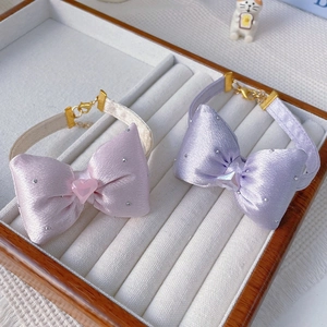 Adjustable satin pet collar with cute bow and heart charm in pink and purple colors