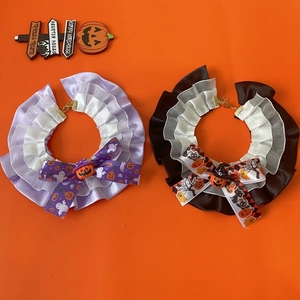 Halloween lace pet collars with pumpkin bowknot, adjustable festive cat and dog bibs set