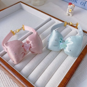 Pink and blue satin pet bow tie collars with heart charm and sparkling rhinestones