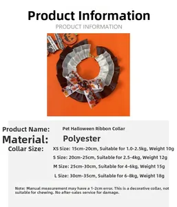 Size chart for adjustable Halloween pet lace collar with pumpkin and wizard hat details