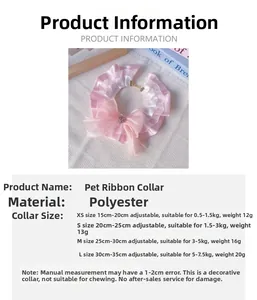 Detailed size chart for lace pet collar showing dimensions from XS to L for cats and dogs